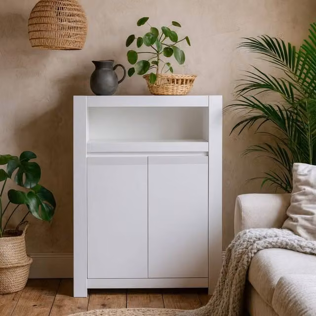 Wyld Haus Vienna White Wooden 2 Door Storage Cabinet with Open Shelf and Internal Shelves, W/D/H: 92 x 42.2 x 133 cm – 1
