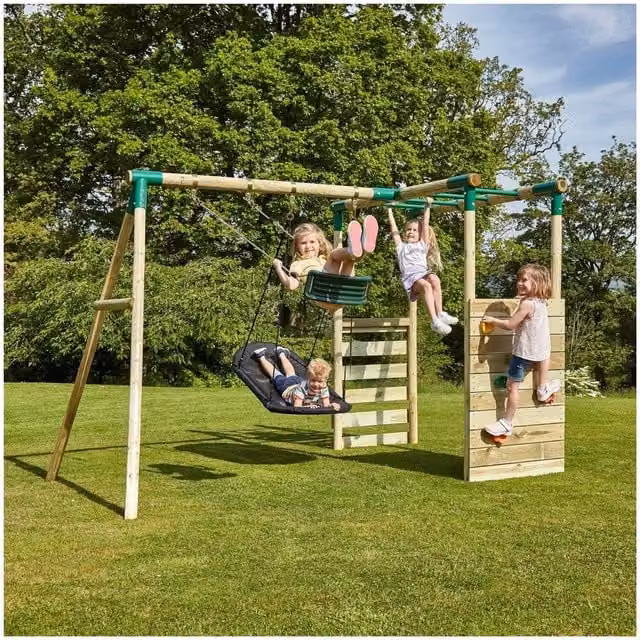 Rebo Wooden Single Swing Set in Green and Brown