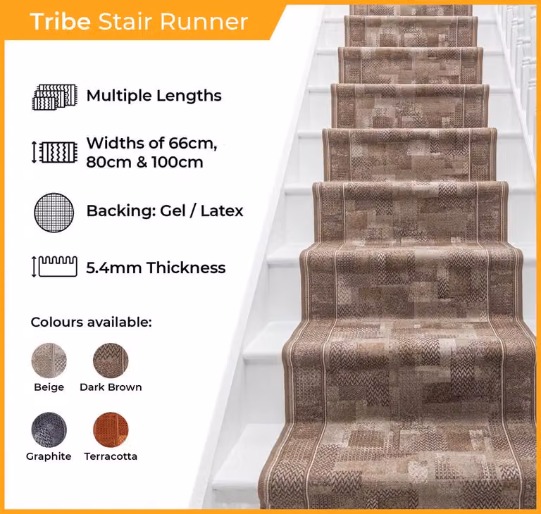 runrug Tribe Stair Runner Carpet in Beige, W: 80 cm, L: 450 cm