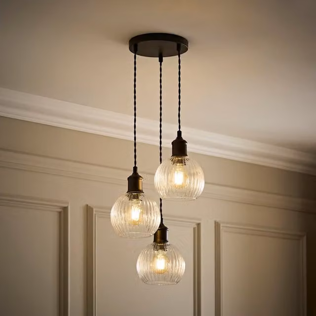 Maddison 3-Drop Diner Ceiling Pendant Light with Clear Ribbed Glass Shades and Black Metal Accents