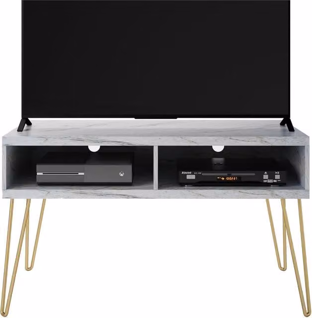 Novogratz Athena Modern White Marble Look TV Stand in White and Black