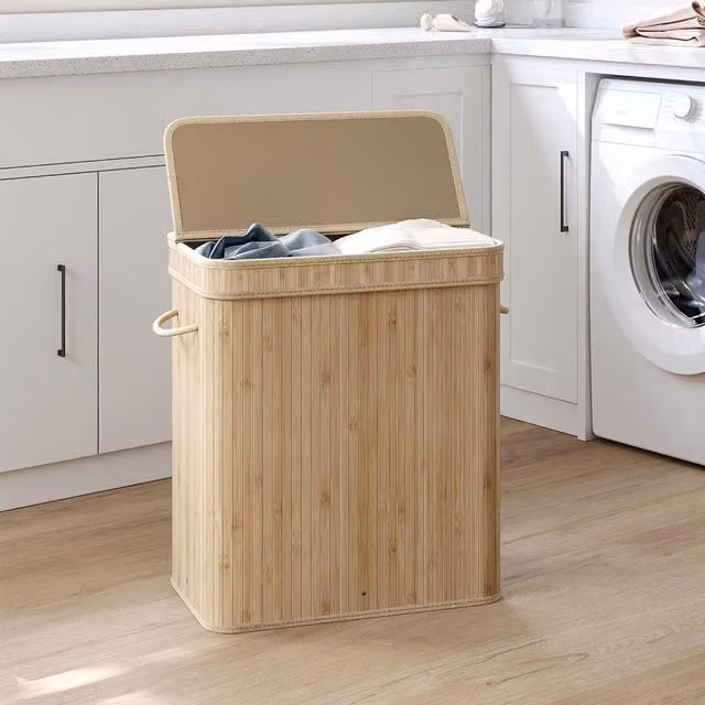 SONGMICS Large Bamboo Laundry Hamper with Removable Cotton Bag and Handles in Sand