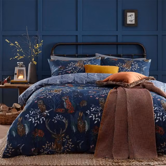 Forest Fauna Woodland Reversible Duvet Cover Set, Blue, 200 x 200 cm