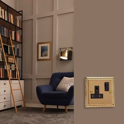 Varilight 1 Gang 13 Amp Single Switched Socket in Georgian Brass with Black and Yellow Plate – 2