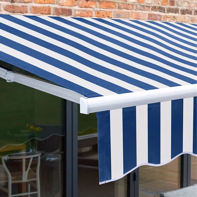 Primrose Manual Retractable Maritime Awning with Blue and White Fabric and White Aluminium Frame, W: 350 cm x D: 250 cm