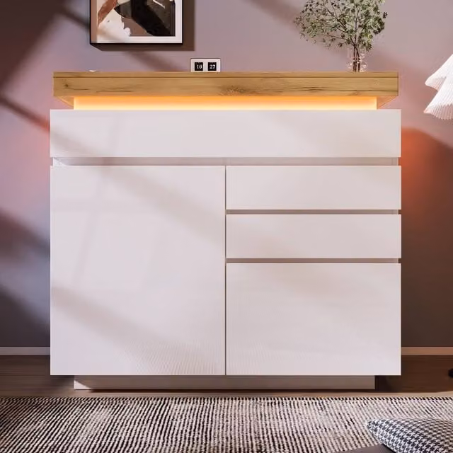 Rolipo White High Gloss Modern Sideboard with Integrated LED Lighting, 2 Doors and 3 Drawers – 1