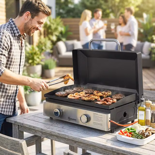 Outsunny 2 Burner Gas Tabletop Grill Griddle with Grease Cup, Black, Width: 70.5 cm