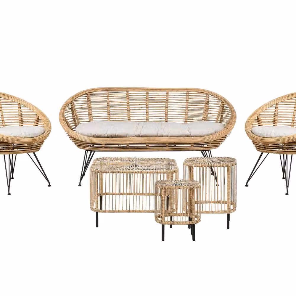 Wyld and Coco 4-Seater Rattan Outdoor Sofa Set with Beige Cushions and Coffee Table – 2