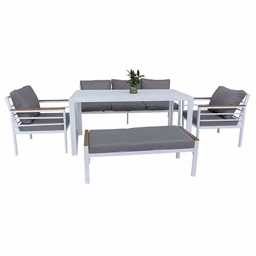 SHATCHI 6 Seater Modern Aluminium Garden Furniture Set with Rectangular Dining Table in White and Grey