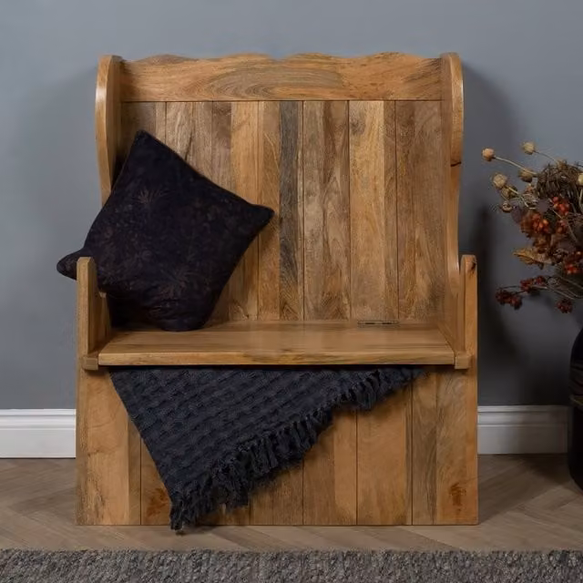 Elm Home and Garden Mango Wood Monk Bench in Brown Natural Finish