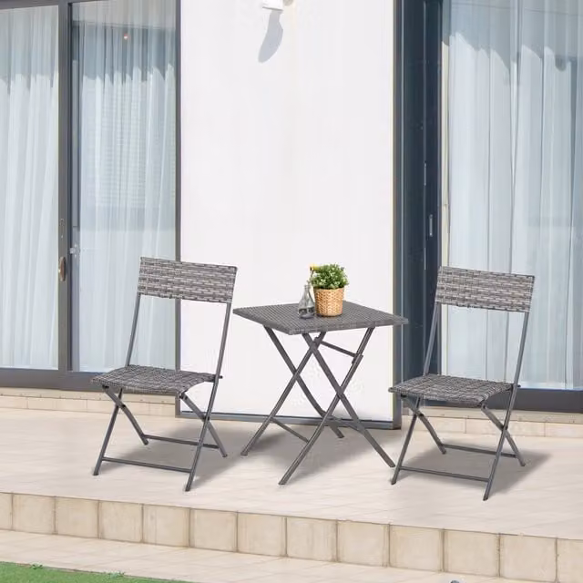 Outsunny Modern Grey Polyrattan Bistro Set with 2 Chairs and Square Folding Table