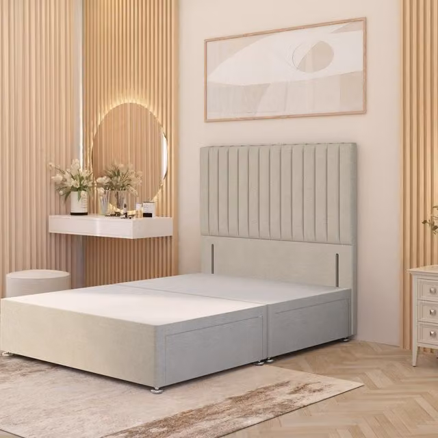 Somnior Beds Ltd Verona Divan Bed Base with Floor Standing Headboard in Beige and Yellow Tweed Fabric, W/D/H: 90 x 190 cm
