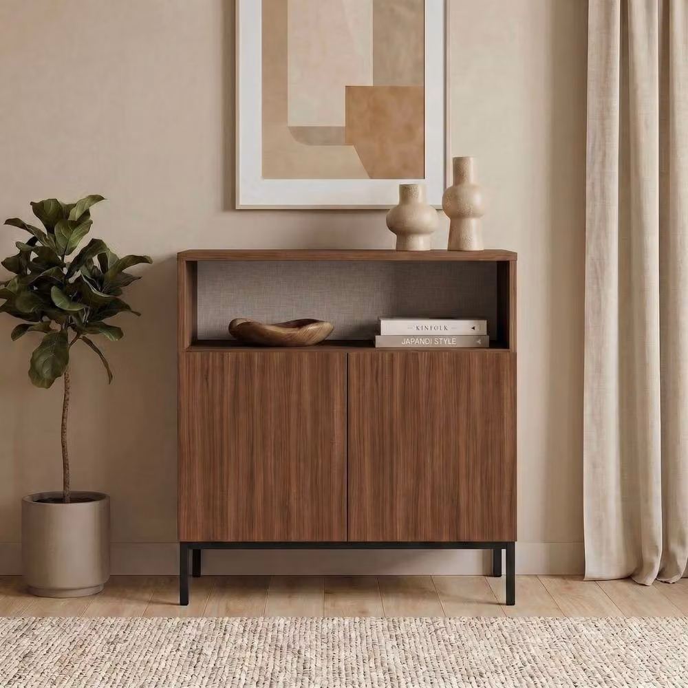 CALICOSY Oliver Small Sideboard with 2 Doors and 1 Niche, Walnut Brown, Width: 80 cm – 2