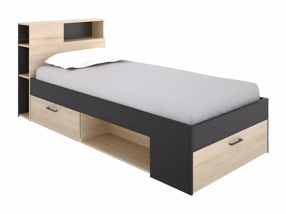 Vente-unique Single Bed with Storage Headboard and Drawers in Anthracite and Grey, W/D/H: 90 x 190 cm – 2