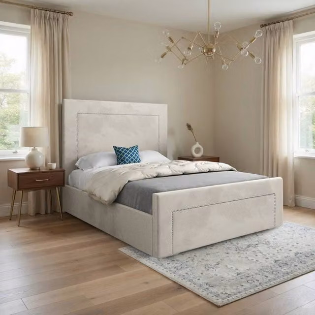 Casani Kemsing Upholstered Velvet Designer Bed Frame in Beige, W/D/H: 90 x 190 x 137 cm – 1