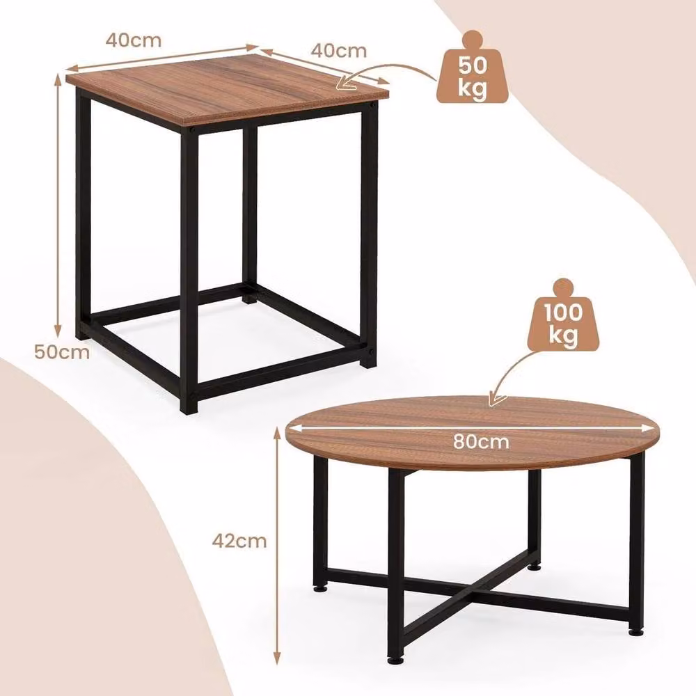 Kelvenix Round Coffee Table and 2 Square End Tables in Brown with Metal and Wood Geometric Design – 2