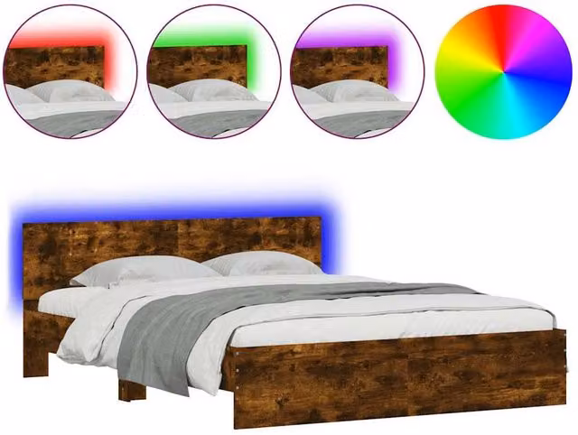 Berkfield Home King Size Bed Frame with Headboard, LED Under-Bed Lighting and USB Charging Port, Smoked Oak, Brown, W: 150 cm, D: 200 cm – 1