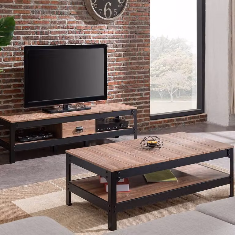 CALICOSY Industrial Black Metal and Brown Wood Coffee Table, W: 117.3 cm x D: 59.6 cm x H: 40.0 cm