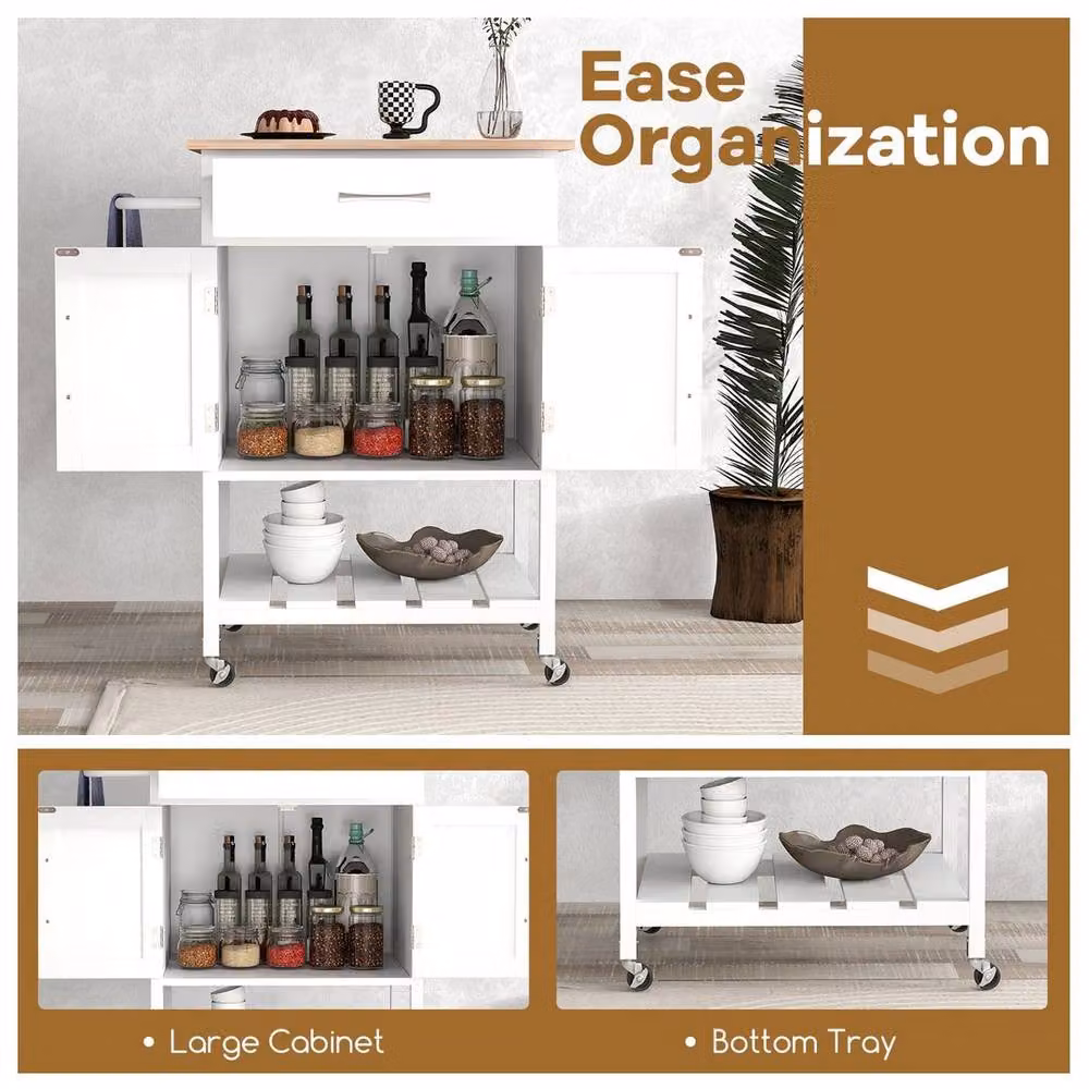 KORVIXA Mobile Rolling Kitchen Island Serving Cart in White with Rubberwood, W: 60 cm, H: 75 cm – 3