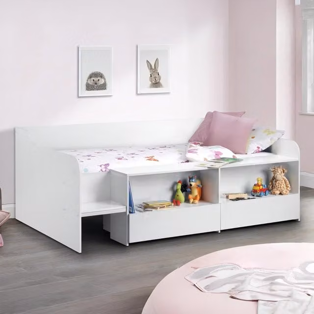 Julian Bowen Stella Single Low Sleeper Bed in White with Storage Drawers and Bedside Shelf, W/D/H: 90 x 190 x 75 cm