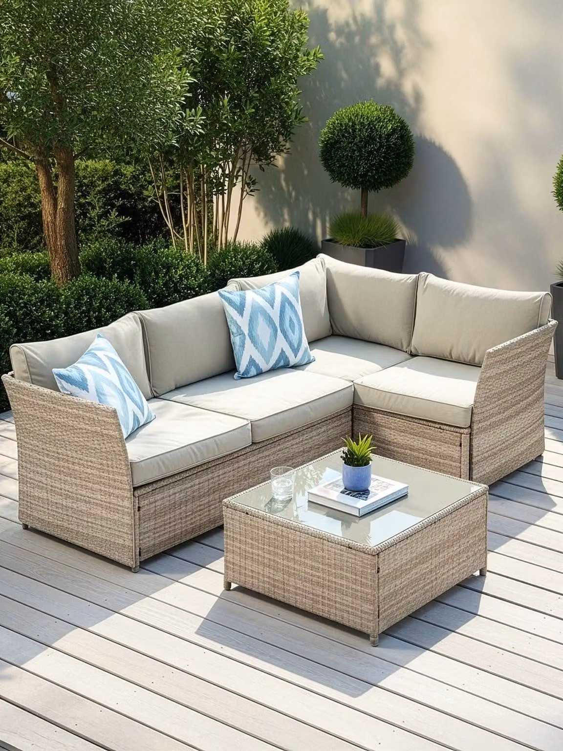 Cheap Furniture Warehouse Calgary Beige Polyrattan L-Shape Corner Sofa Set with Outdoor Coffee Table and Cushions