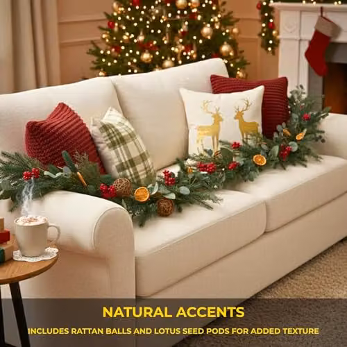 Shatchi 1.8m Rustic Christmas Garland with Eucalyptus Foliage, Orange and Berry Decorations in Red, Orange and Green – 3
