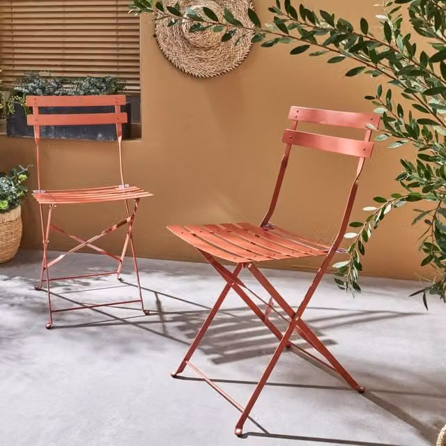 sweeek Set of 2 Folding Metal Garden Chairs in Terracotta, H 80.5 x W 49.5 x D 41 cm