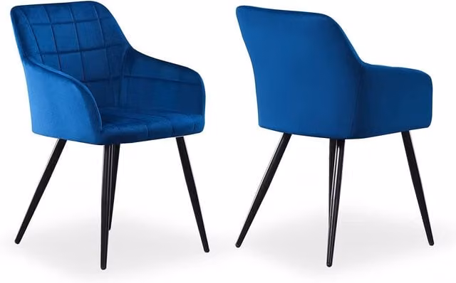 Life Interiors Set of 2 Camden Modern Velvet Dining Chairs with Armrests and Black Metal Legs in Blue – 1