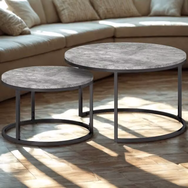 FURNOS 2-Piece Nesting Tables with Grey Faux Marble Tops and Black Metal Bases