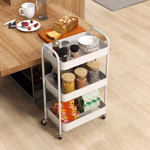 HOMCOM 3-Tier Rolling Utility Storage Trolley with Mesh Baskets, White, W/D/H: 45 x 30.6 x 79 cm – 6