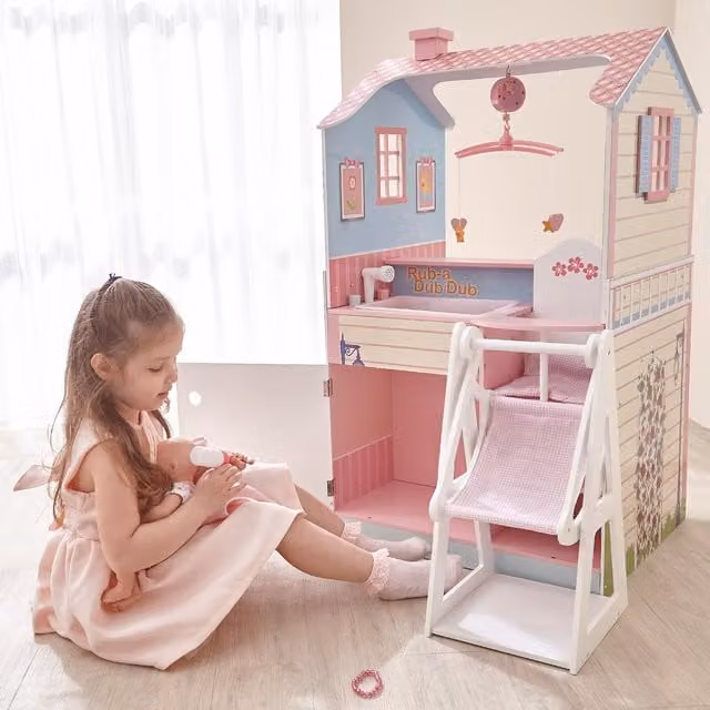 Teamson Kids 6-in-1 Wooden Changing Station Doll House for Baby Dolls in Multicolour and Pink