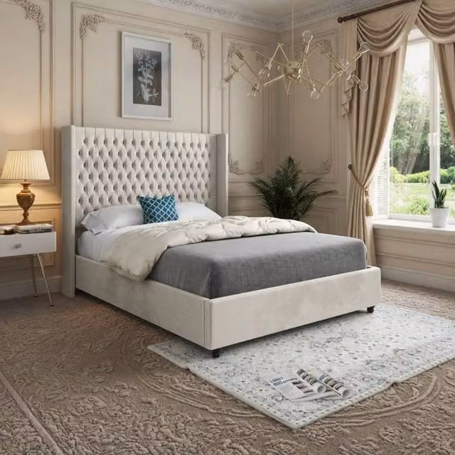 KDMD Wellesbourne Winged Upholstered Designer Bed Frame in Beige Soft Velvet, W/D/H: 144 x 137 x 200 cm