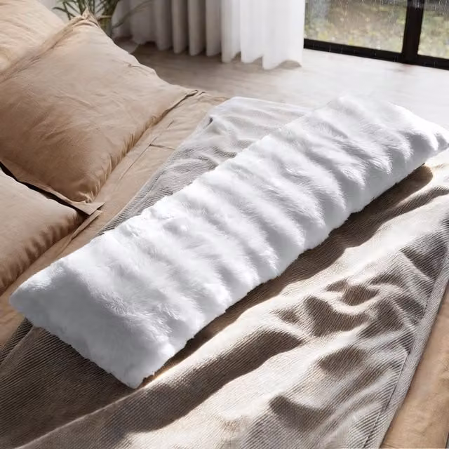 Sweet Dreams White Faux Fur Rectangular Body Bolster Pillow for Adults