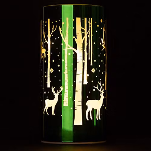 Shatchi Christmas Decorated Glass Cylinder Vase Table Lamp with Deer Scene in Green, H 18 cm x W 9 cm x D 9 cm – 3