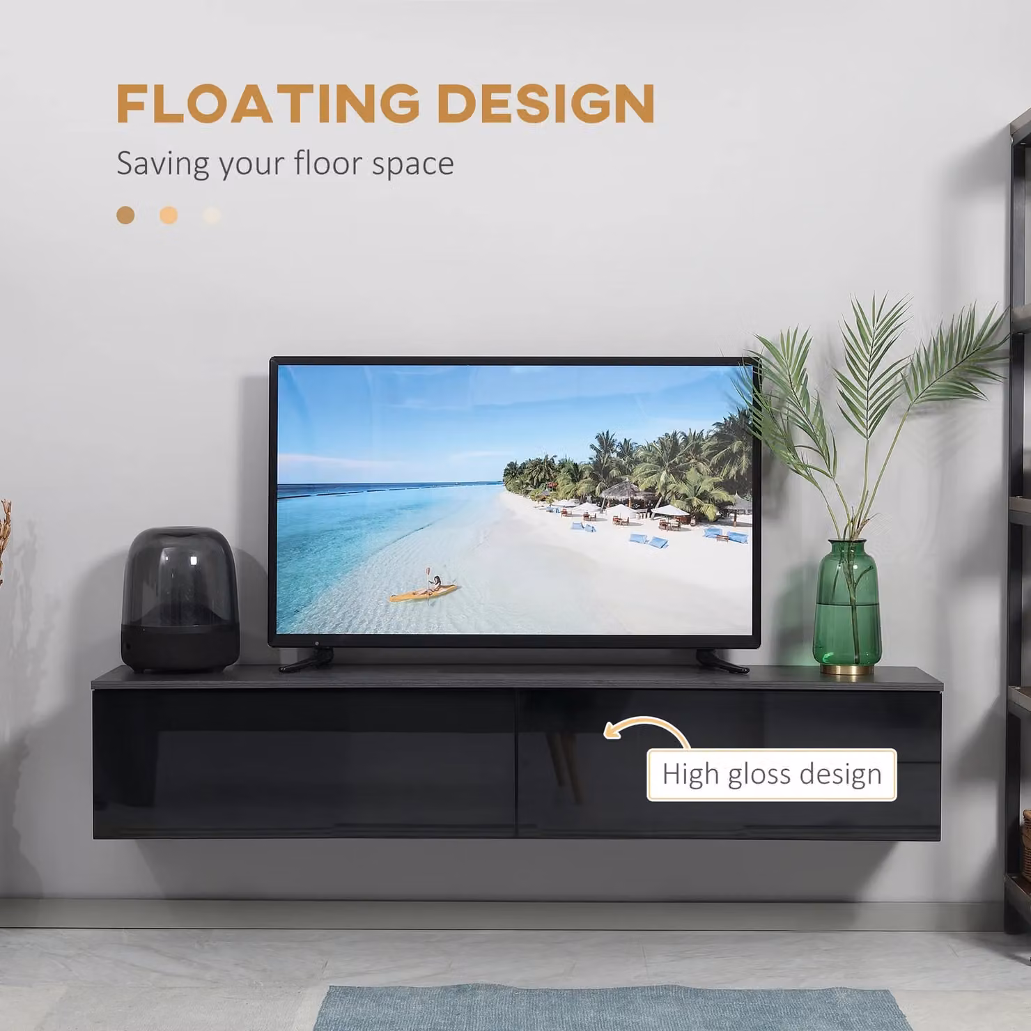 HOMCOM Modern Wall Mounted TV Stand Unit with High Gloss Effect and Hinged Doors in Black and Grey – 4