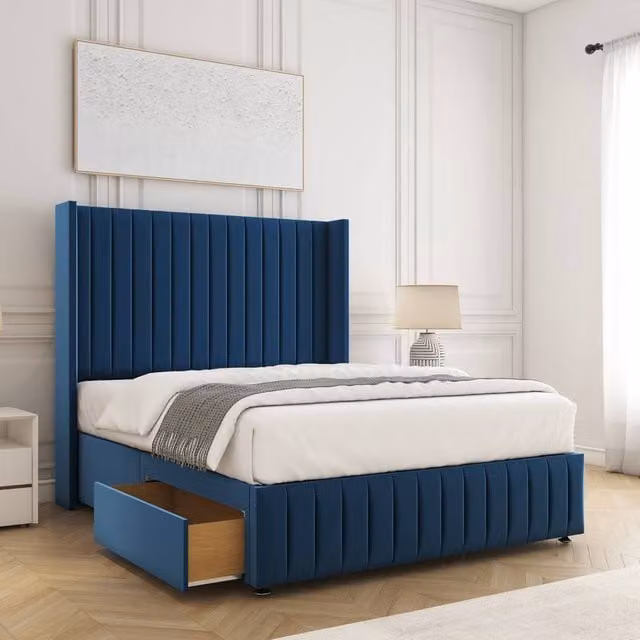 BSSPOKE Luna Plush Velvet Divan Bed with 54 inch Headboard, 2 Drawers, Footend and Mattress in Blue, Super King, W/D/H: 200 x 163 x 30.48 cm