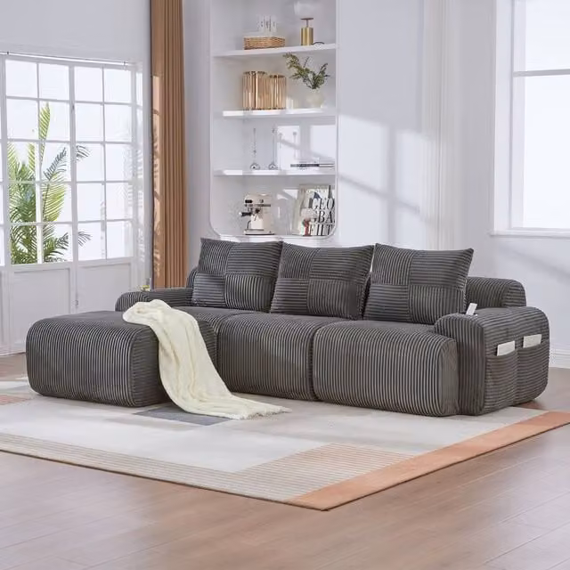 Rolipo Dark Grey 3-Seater Modular Cord Sofa with Matching Ottoman and Cup Holders