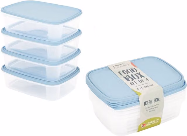 Wham Plastic Food Storage Container Set of 4 with Snap Lids, 1 l per Container, Clear and Blue