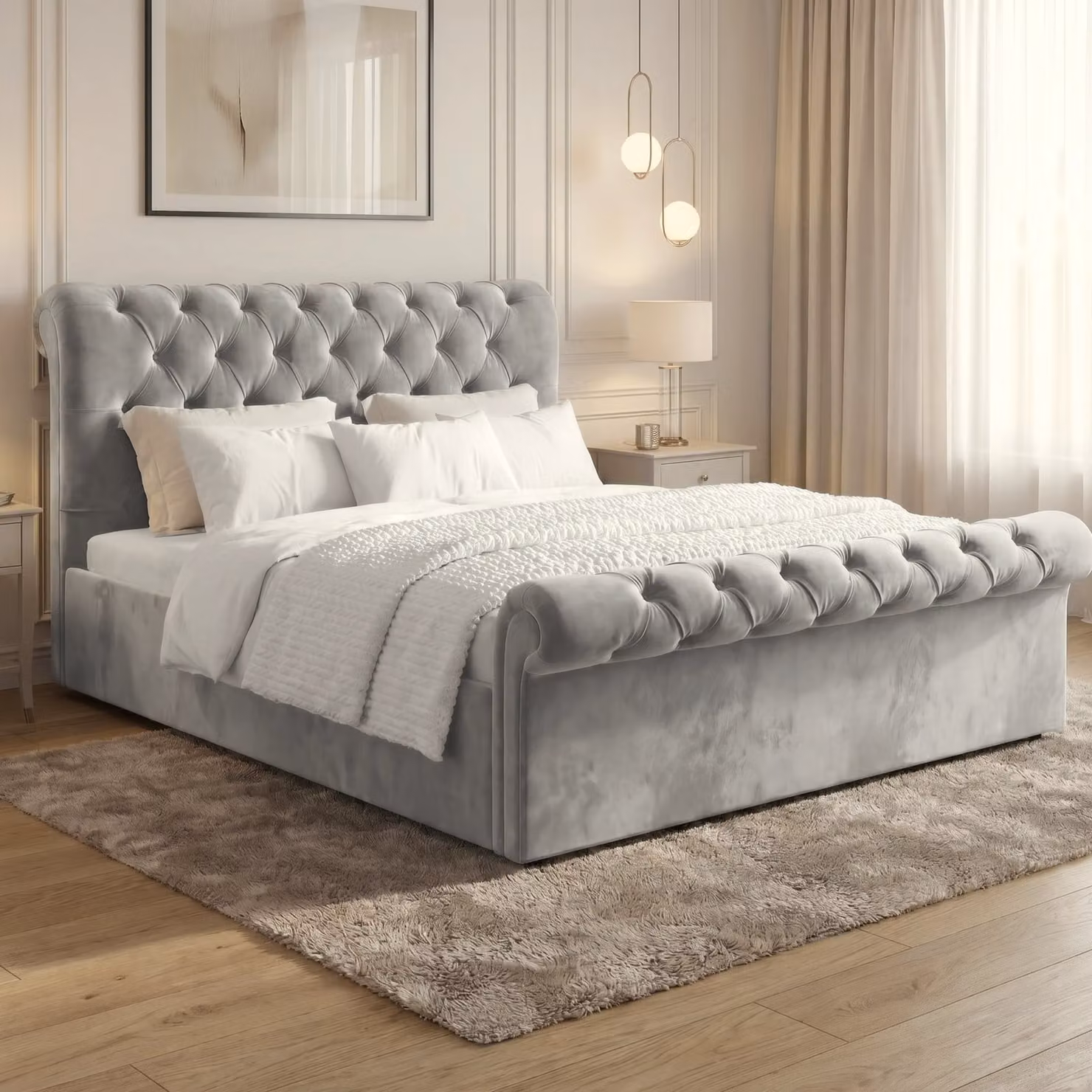 DHS Chesterfield Upholstered Ottoman Storage Bed Frame in Grey Velvet, 180 x 200 cm