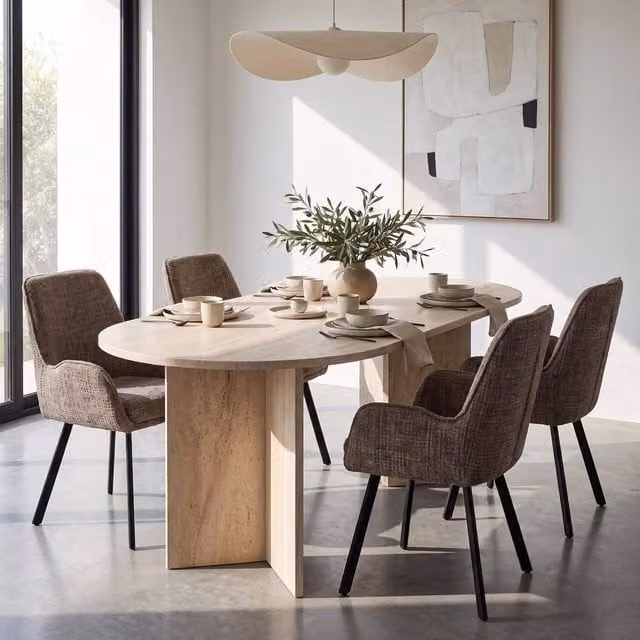 FWStyle 5 Piece Modern Dining Set with Rectangular Travertine Table and 4 Brown and Beige Chairs – 1