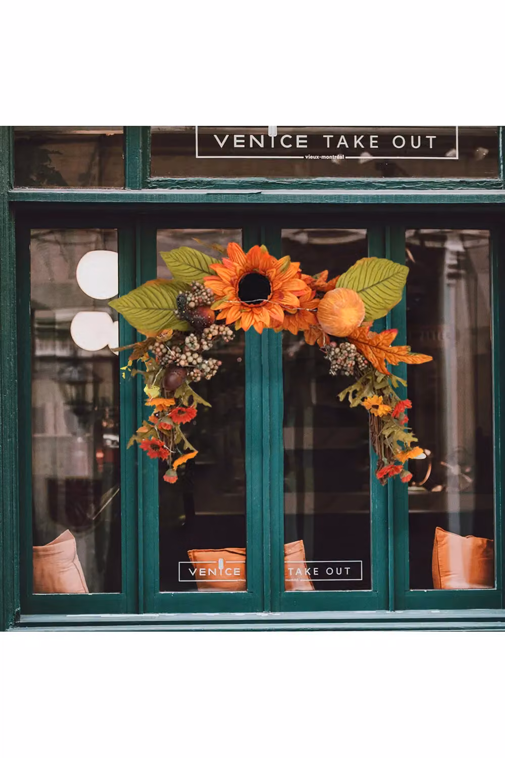 Living and Home Orange Autumn Sunflower Swag Wreath with Chrysanthemums and Pumpkins – 2