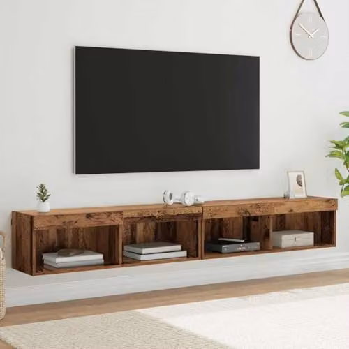vidaXL 2-Piece TV Cabinet Set in Brown, featuring a Lowboard and Wall-Mounted Cabinet with Integrated Lighting and Internal Shelves – 2