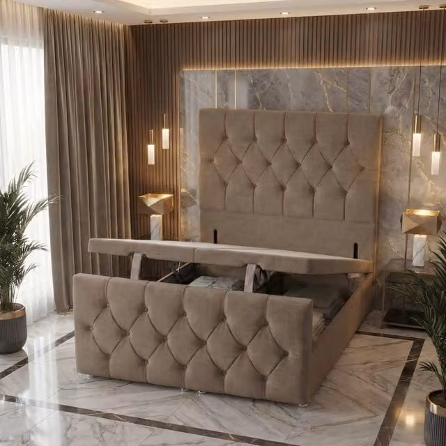 Somnior Ziggy Double Storage Ottoman Divan Base with 54 inch Headboard and 22 inch Footboard in Brown Linen Fabric, W/D/H: 140 x 200 cm