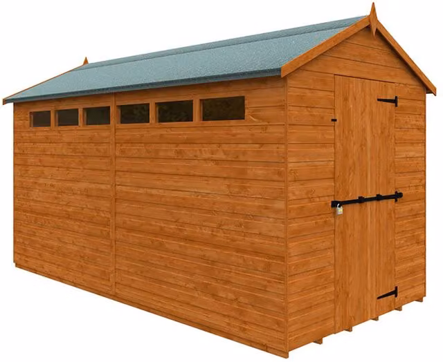 Buttercup Farm Security Apex 12mm Wooden Garden Shed in Orange with Single Door and Window, W/D/H: 365.8 x 182.9 x 217.9 cm