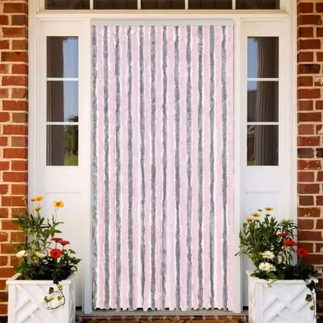 Berkfield Home Striped Chenille Fly Curtain in Silver, Grey and Pink, W: 100 cm, H: 200 cm – 1