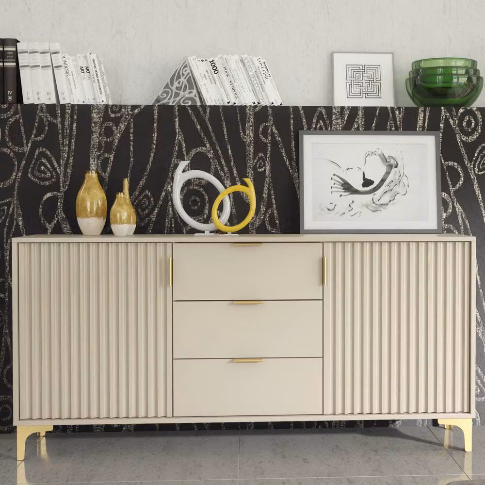 Mex Furniture LTD Tide Crest Sideboard in Cashmere Warm Beige Taupe and Gold, W: 140 cm, D: 35 cm, H: 80 cm – 3