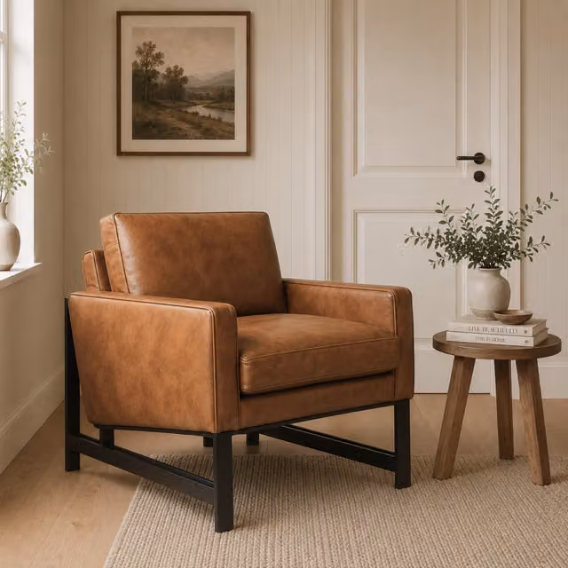Elm Home And Garden Industrial Genuine Leather Armchair with Metal Frame in Black