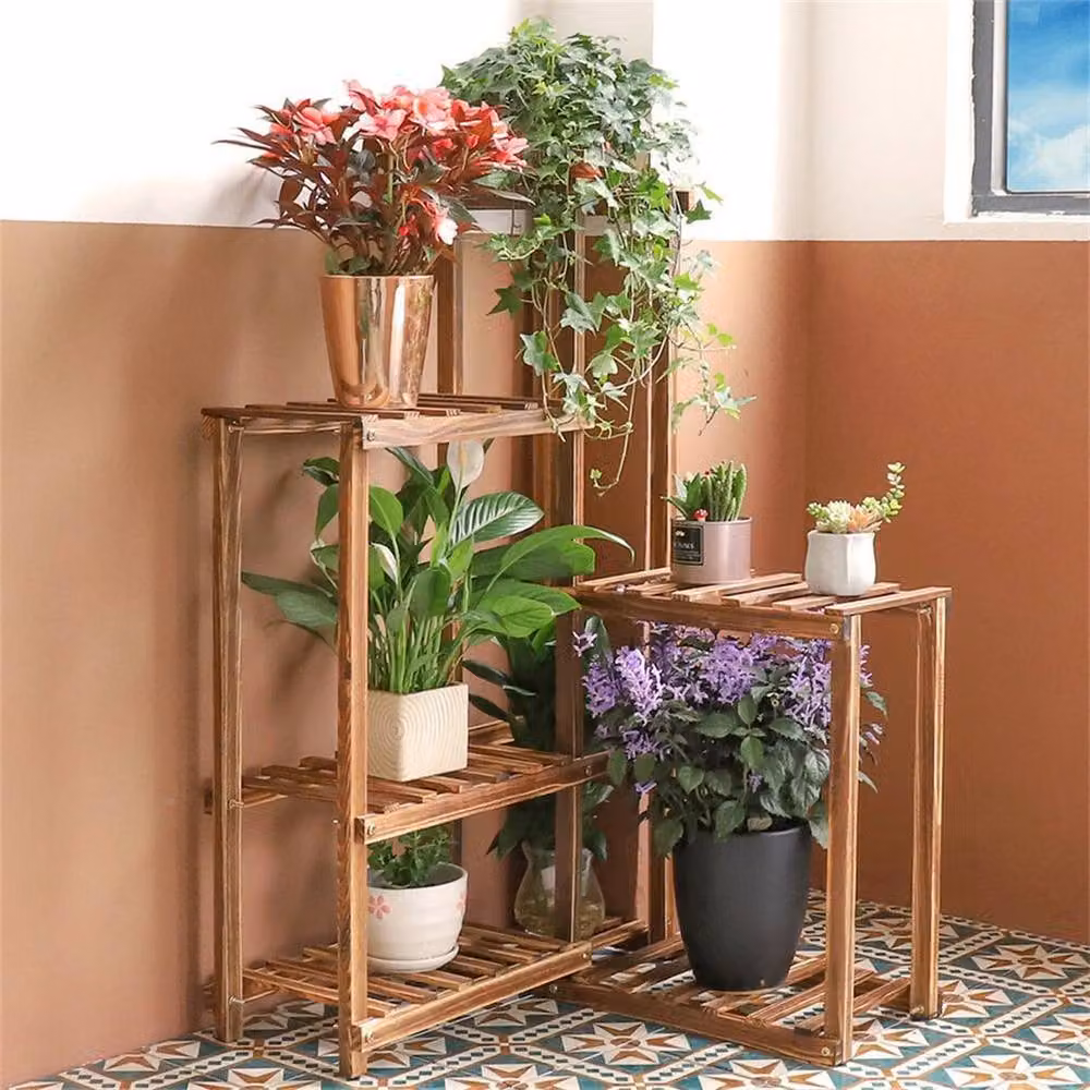 NESTLUNE Modern Brown Wood Corner Plant Stand and Flower Pot Shelf Rack W/D/H: 15 x 15 x 100 cm – 4