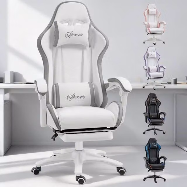 ERGOVEXA Computer Gaming Chair in Grey and White with Synthetic Leather, Headrest, Armrests and Swivel Wheels – 1