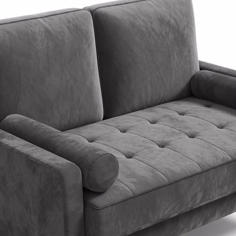 Dprodo Grey Velvet Love Seat Couch with 2 Scatter Cushions and Solid Wood Frame, Width: 121 cm – 6